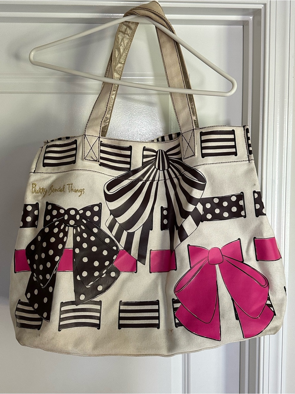 Henri Bendel Ivory Tote Bag with Pink & Black Bow Print